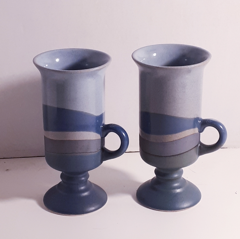 Pair of Otigiri Japan Blue Wave Pottery Pedestal Mugs